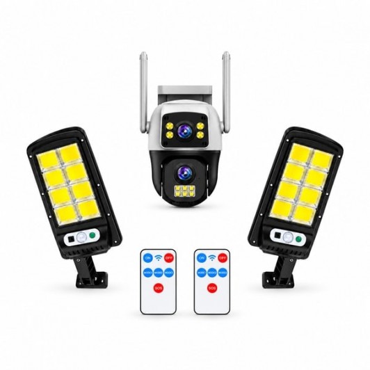 Set cameră de supraveghere exterior si 2 lămpi solare LED cu senzori și telecomenzi DEPOX®, 8 MP, 4G SIM / Wi-Fi, două obiective, 355°, vedere nocturnă color