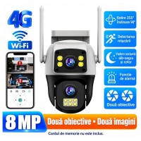 Set cameră de supraveghere exterior si 2 lămpi solare LED cu senzori și telecomenzi DEPOX®, 8 MP, 4G SIM / Wi-Fi, două obiective, 355°, vedere nocturnă color