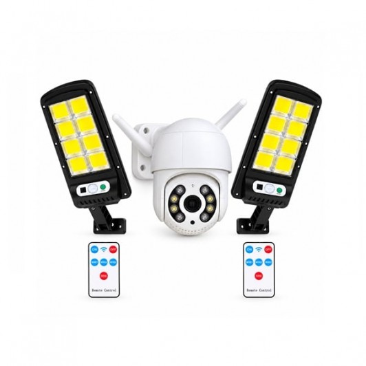 Cameră de supraveghere exterior si  2 lămpi solare LED cu senzori și telecomenzi DEPOX®, Wi-Fi, 360°, vedere nocturnă
