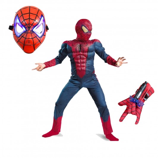 Set costum cu muschi Spiderman, 7-9 ani, manusa cu lansator si masca plastic LED, rosu Set costum cu muschi Spiderman, 7-9 ani, manusa cu lansator si masca plastic LED, rosu