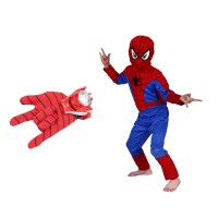 Set costum Spiderman, marime 3-5 ani, doua lansatoare si masca plastic LED, rosu