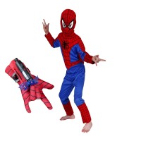 Set costum Spiderman, marime 7-9 ani, doua lansatoare si masca plastic LED, rosu