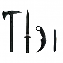 Set 4 accesorii vanatoare topor si 3 cutite, otel inoxidabil, negru Set 4 accesorii vanatoare topor si 3 cutite, otel inoxidabil, negru