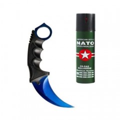 Set format din Karambit albastru, teaca din plastic si spray Nato paralizant 60 ml Set format din Karambit albastru, teaca din plastic si spray Nato paralizant 60 ml