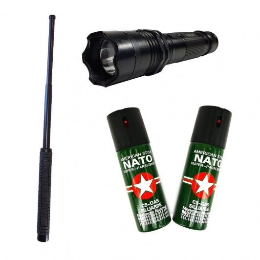 Kit autoaparare Baston Telescopic, Lanterna Electrosoc cu laser si 2 Spray-uri Nato Kit autoaparare Baston Telescopic, Lanterna Electrosoc cu laser si 2 Spray-uri Nato