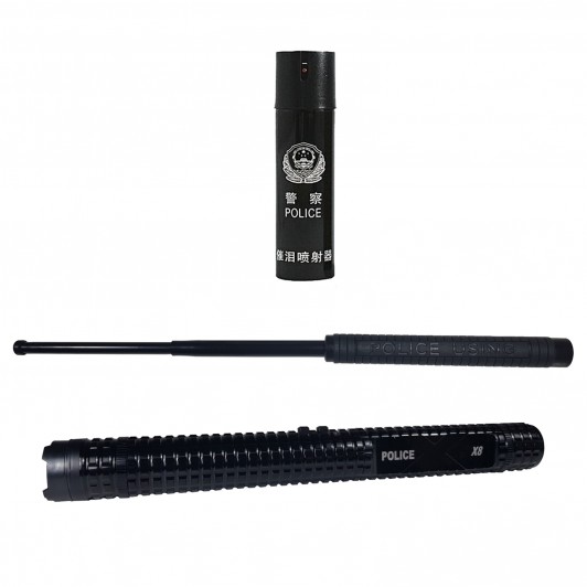 Set Baston cu electrosoc, Police X8 si baston telescopic Police, 50 cm, cadou spray paralizant
