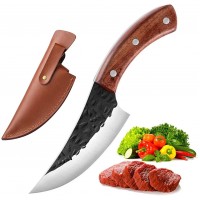Cutit japonez lucrat manual, otel carbon, 24.5 cm, maro, teaca piele inclusa