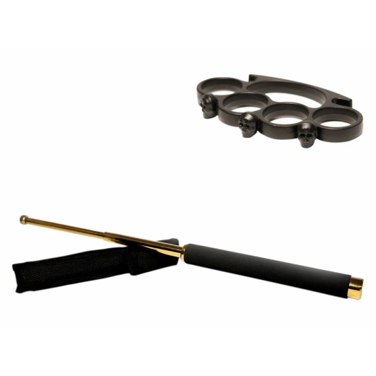 Set baston telescopic 65 cm auriu + box craniu negru