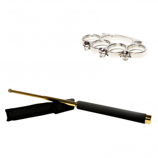 Set baston telescopic    65 cm auriu si box craniu argintiu