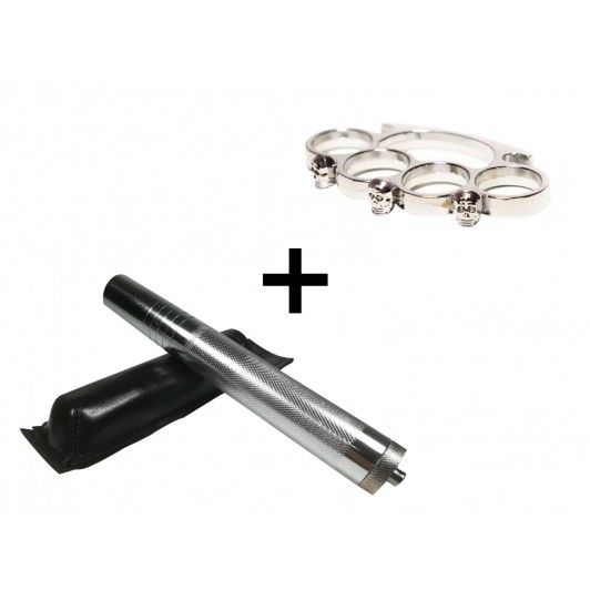 Set baston telescopic din otel, argintiu, 64 cm + box craniu argintiu
