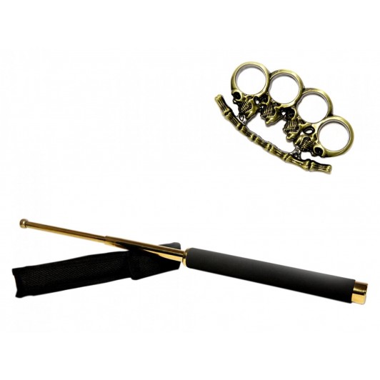 Set baston telescopic 65 cm auriu si pumnal craniu auriu