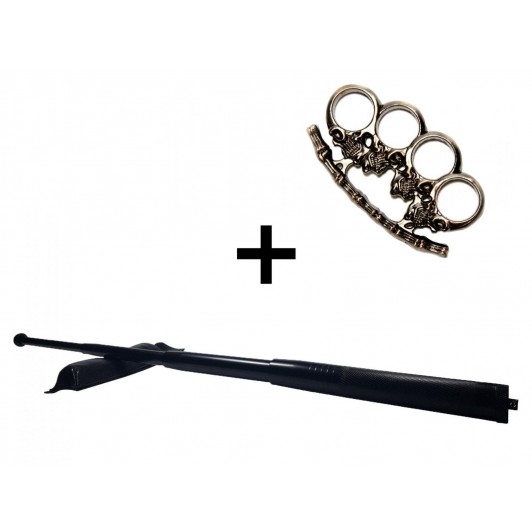 Set baston telescopic din otel, negru, 64 cm si pumnal craniu Set baston telescopic din otel, negru, 64 cm si pumnal craniu