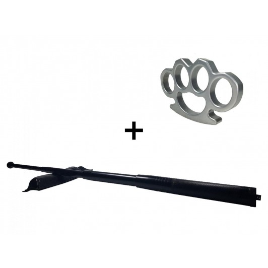 Set baston telescopic din otel, negru, 64 cm + box argintiu 0.5 cm grosime