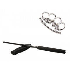 Set baston telescopic negru 50 cm si pumnal/box craniu argintiu