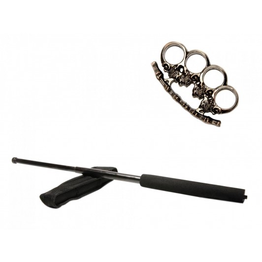 Set baston telescopic negru 50 cm si pumnal craniu