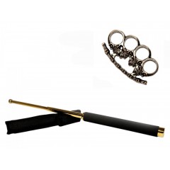Set baston telescopic 65 cm auriu si pumnal craniu
