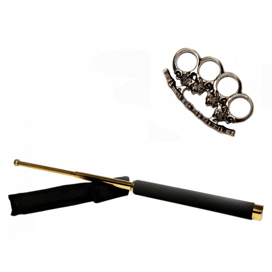 Set baston telescopic 65 cm auriu si pumnal craniu