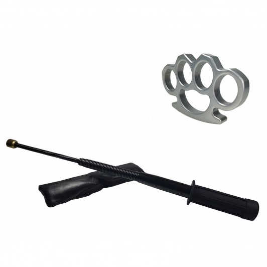Set baston telescopic flexibil negru maner tip tonfa 47 cm + box argintiu 1 cm grosime Set baston telescopic flexibil negru maner tip tonfa 47 cm + box argintiu 1 cm grosime