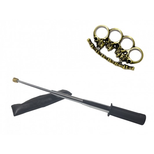Set baston telescopic flexibil argintiu, maner cauciuc, 47 cm si pumnal/box crani