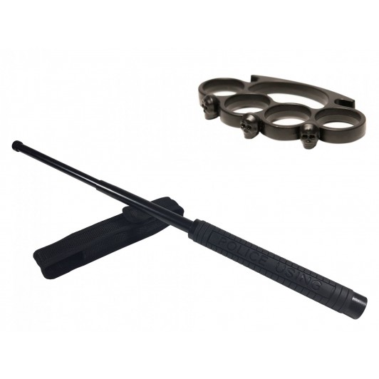 Set baston telescopic Police, 49 cm + box craniu negru