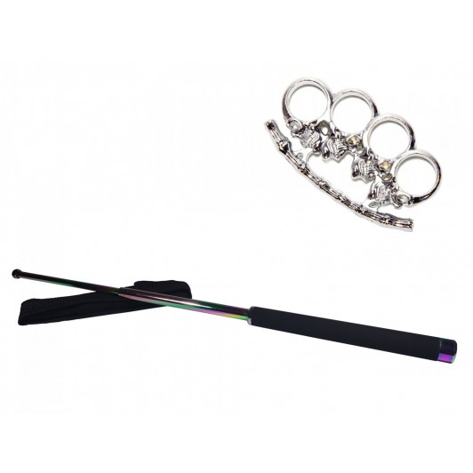Set baston telescopic 66 cm si pumnal/box craniu argintiu