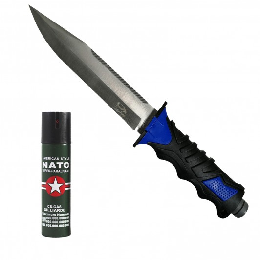 Set supravietuire  , cutit survival 35 cm si spray jet 60 ml