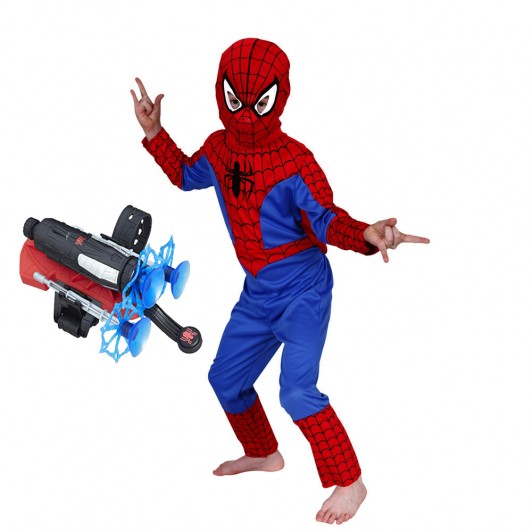 Set costum Spiderman L, 120-130 cm si lansator cu ventuze Set costum Spiderman L, 120-130 cm si lansator cu ventuze