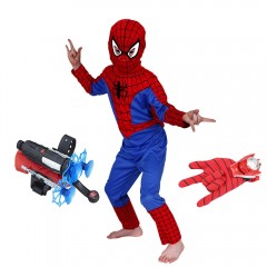 Set costum Spiderman lansator cu ventuze si manusa cu discuri, 100-110 cm, 3-5 ani
