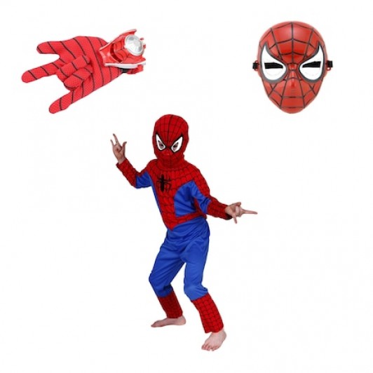 Set costum Spiderman , marime L, 7-9 ani, masca si manusa cu lansator, rosu