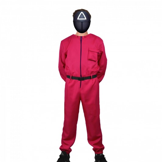Costum pentru adulti, Jocul Calamarului, model Triunghi, marimea S, rosu, centura inclusa