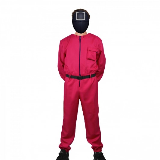 Costum pentru adulti, Jocul Calamarului, model Patrat, marimea L, rosu, centura inclusa