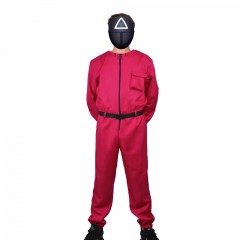 Costum pentru adulti, Jocul Calamarului, model Triunghi, marimea L, rosu, centura inclusa