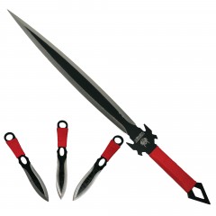 Set vanatoare sabie si set trei cutite aruncat, otel inoxidabil, negru Set vanatoare sabie si set trei cutite aruncat, otel inoxidabil, negru