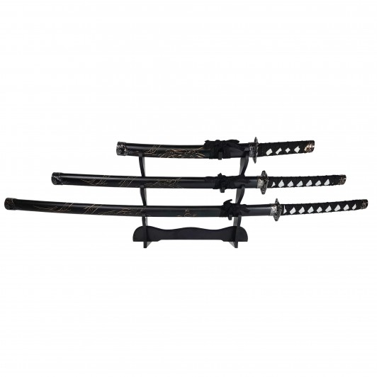 Set sabii katane decorative panoplie, Ninja Warrior, negru, metal, 83 cm, teaca inclus Set sabii katane decorative panoplie, Ninja Warrior, negru, metal, 83 cm, teaca inclus