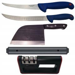 Set de macelarie , cutit bucatarie, filetat, satar, suport magnetic si ascutitoare, otel