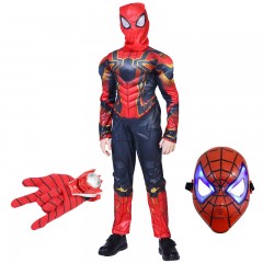 Set costum Iron Spiderman , New Era, rosu, 7-9 ani, manusa cu discuri si masca LED