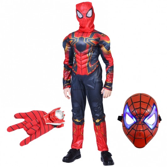 Set costum Iron Spiderman , New Era, rosu, 7-9 ani, manusa cu discuri si masca LED