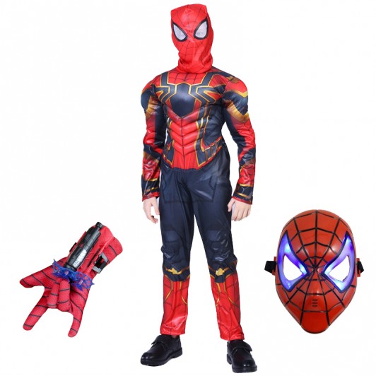 Set costum Iron Spiderman , New Era, rosu, 5-7 ani, manusa cu ventuze si masca LED