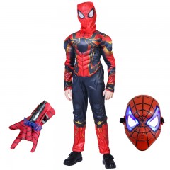 Set costum Iron Spiderman , New Era, rosu, 7-9 ani, manusa cu ventuze si masca LED