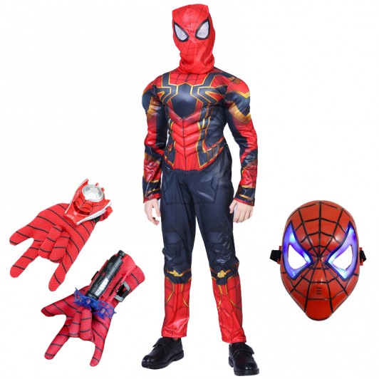 Set costum Iron Spiderman , New Era, rosu, 3-5 ani, manusa cu ventuze, discuri si masca