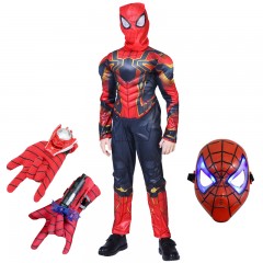 Set costum Iron Spiderman , New Era, rosu, 7-9 ani, manusa cu ventuze, discuri si masca