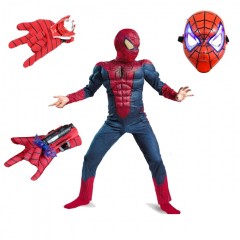 Set costum Spiderman cu muschi, 2 lansatoare si masca plastic LED, rosu