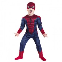 Set costum Spiderman cu muschi, 2 lansatoare si masca plastic LED, rosu