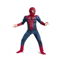 Set costum cu muschi Spiderman, manusa cu lansator si masca plastic LED, rosu