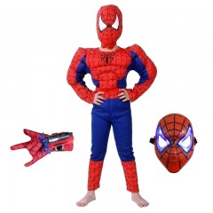 Set costum clasic Spiderman cu muschi, rosu, manusa ventuze si masca LED
