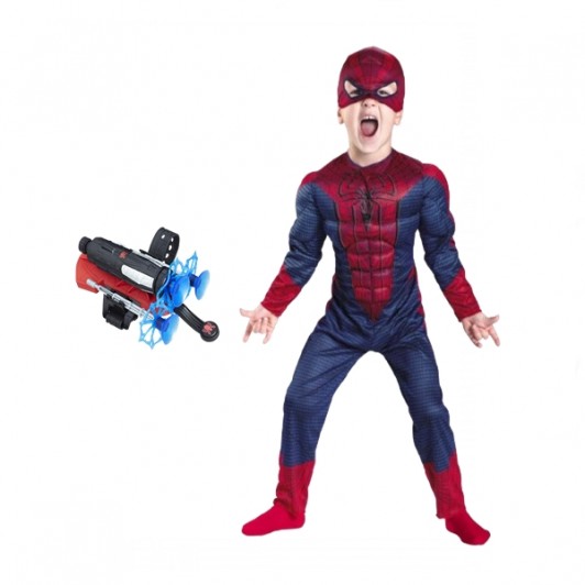 Set costum Spiderman cu muschi si lansator cu ventuze,  marimea S