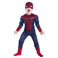 Set costum Spiderman cu muschi si manusa cu discuri, marime S, 3 - 5 ani, rosu