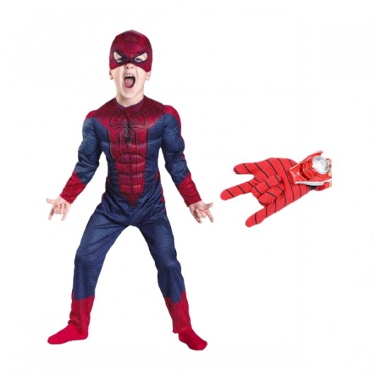 Set costum Spiderman cu muschi si manusa cu discuri, marime S, 3 - 5 ani, rosu