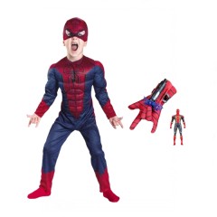 Set costum Spiderman cu muschi si manusa cu ventuze si figurina, marime S, 3 - 5 ani, rosu