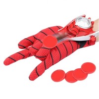 Set costum Spiderman cu muschi si manusa cu discuri, marime M, 5-7 ani, rosu